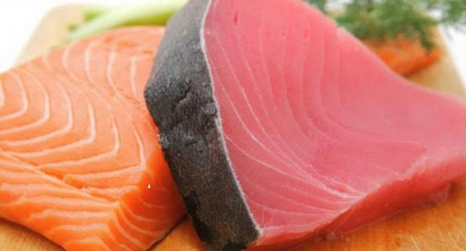 carne di tonno (a destra) e il pesce della famiglia salmone (sinistra) - tonno e salmone carne